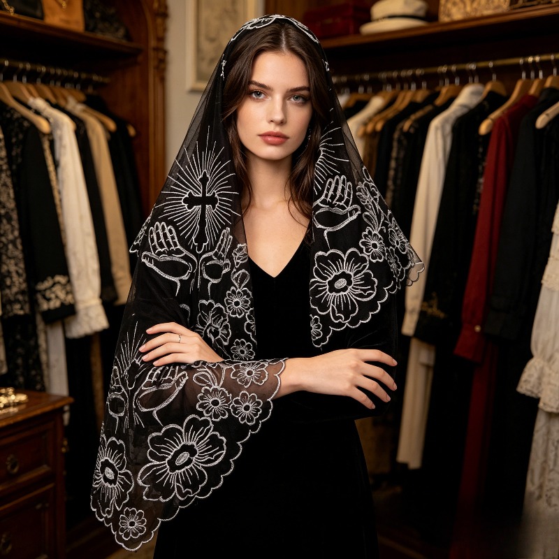 Embroidery Gold - Yeni Çok Satan İşlemeli Başörtüsü Siyah