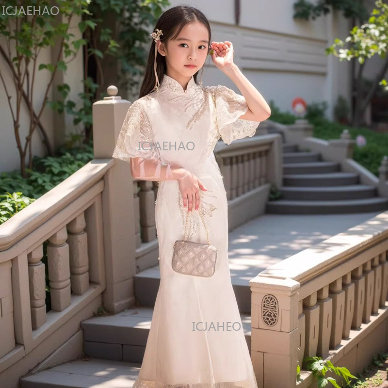 Embroidery White Dress - Beyaz Kızlar Qipao Elbise Çocuklar Çin