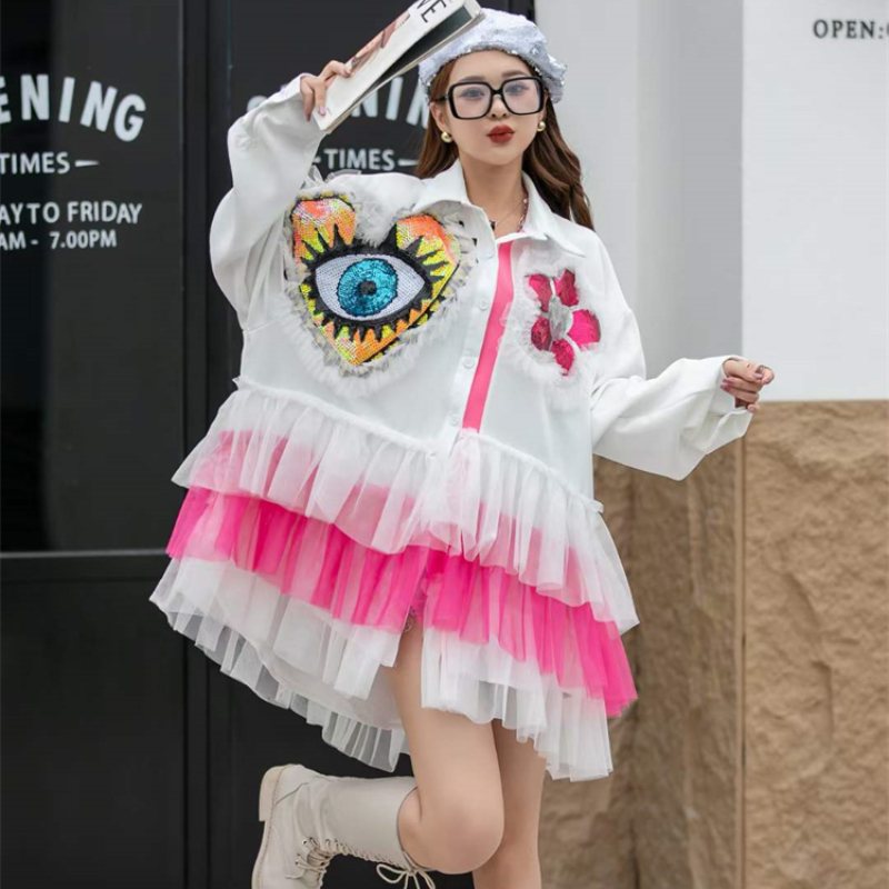 Embroidery White Dress - Kadın bahar sonbahar örgü eklenmiş Ruffles