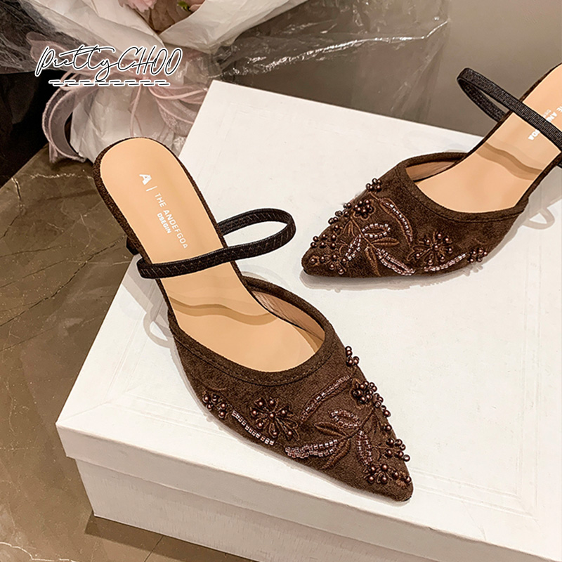 Embroidery Beads - İnci Boncuklu Slingback Topuklu Ayakkabı Kadın