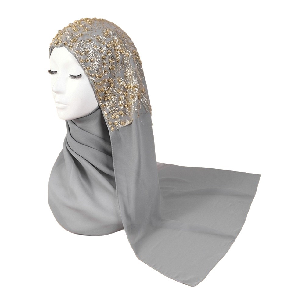 Embroidery Gold - Moda İpek İnci Şifon Başörtüsü, Altın